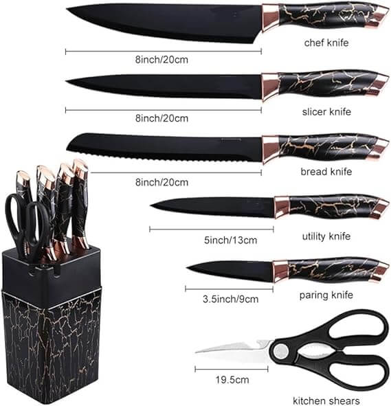 7 Piece Marble Kitchen Knife Set with Stand and Base