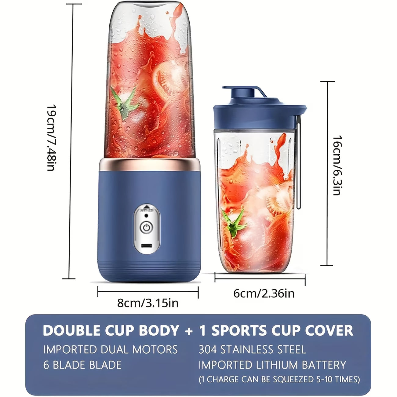 Portable 2-In-1 Blender & Juicer | 6 Blades, USB Rechargeable, Dual Cups
